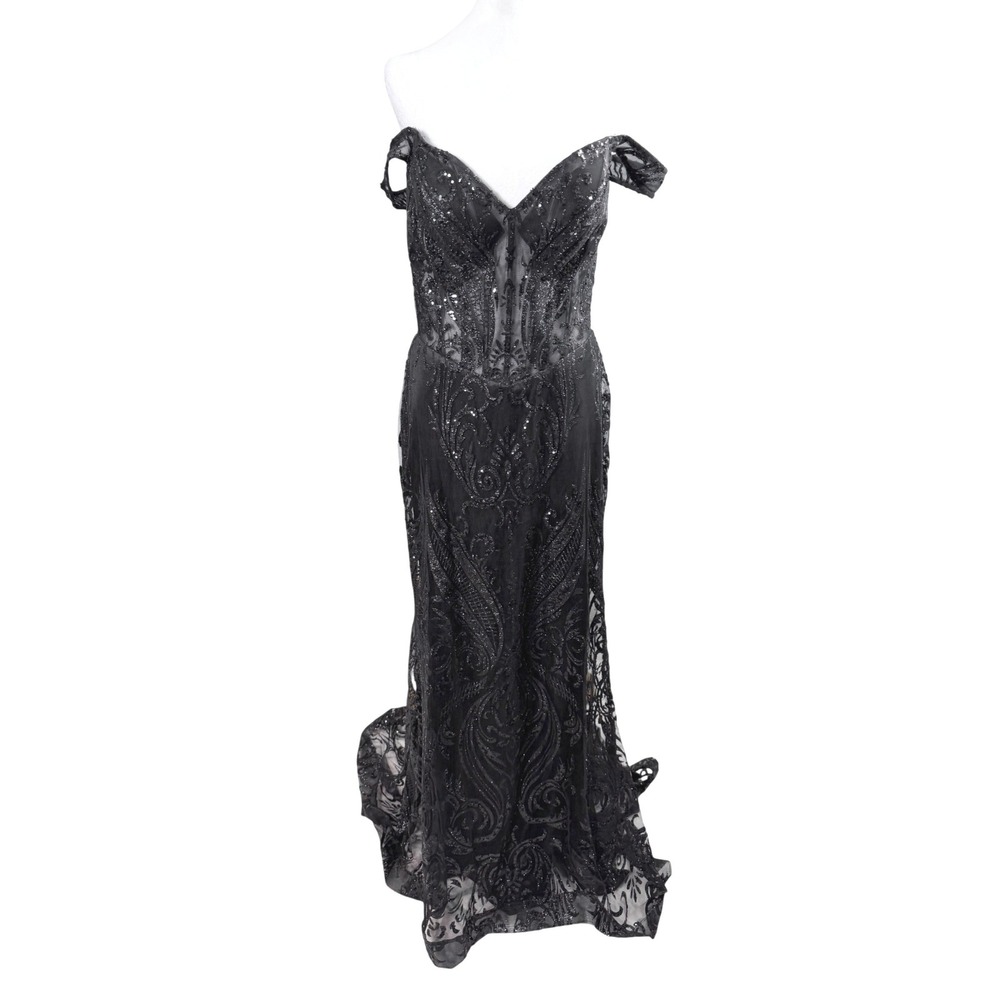 Adora Design Evening Gown Women Large Black Sequin Mesh Corset Back 3168